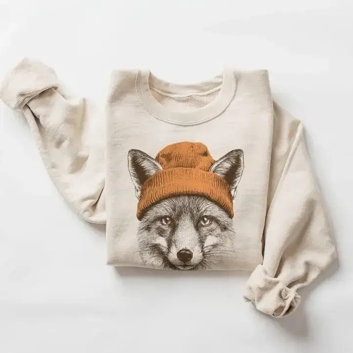 Vintage Cute Fox With Beanie Sweatshirt - Retro 90's Wildlife Camping Outfit - Winter Outdoor Adventure - Nature Animals Unisex Graphic - KitchenEra