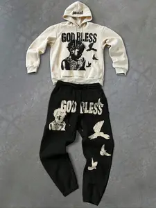 2-piece unisex Casual Stylish set featuring a "GOD and Praying Child" graphic print, a fall/winter Fitted Knit hoodie and trousers set. "Retro religious elements" are perfect for streetwear and American street style.
