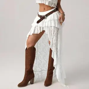 Women Flower Lace Skirt Elastic Waist High Low Layered Ruffle Skirt Casual Summer Streetwear Check Womenswear