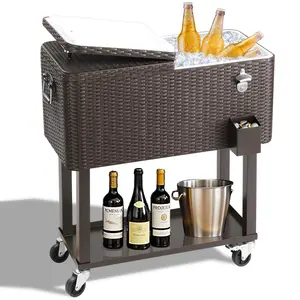 80 Quart Rolling Ice Chest, Portable Patio Party Bar Drink Cooler Cart, with Shelf, Beverage Pool with Bottle Opener (Brown) outdoor freezer