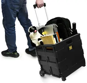 Folding Utility Cart Portable Rolling Crate Handcart Shopping Trolley Collapsible Tool Box, with Lid, Basket on 4 Rotate Wheels, for Grocery, Office, Luggage, Teacher (Black)