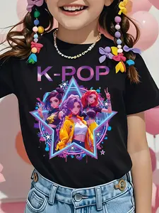Kids' Anime Girl Group Star Graphic T-Shirt - Short Sleeve Casual Tee for Girls