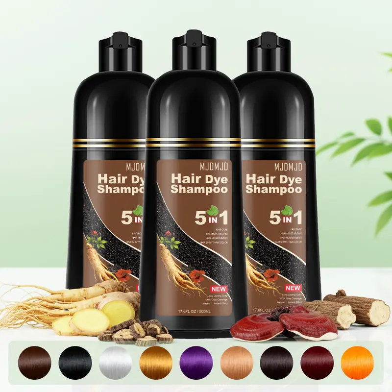 MJDMJD 5-in-1 Plant-Based Herbal Hair Dye Shampoo for Adults, Ammonia-Free Haircare, Gray-Covering, No Combing Required, Long-Lasting Color, Gentle Non-Irritating Conditioner Cleanser for Fine Aging Hair, 500ml/200ml