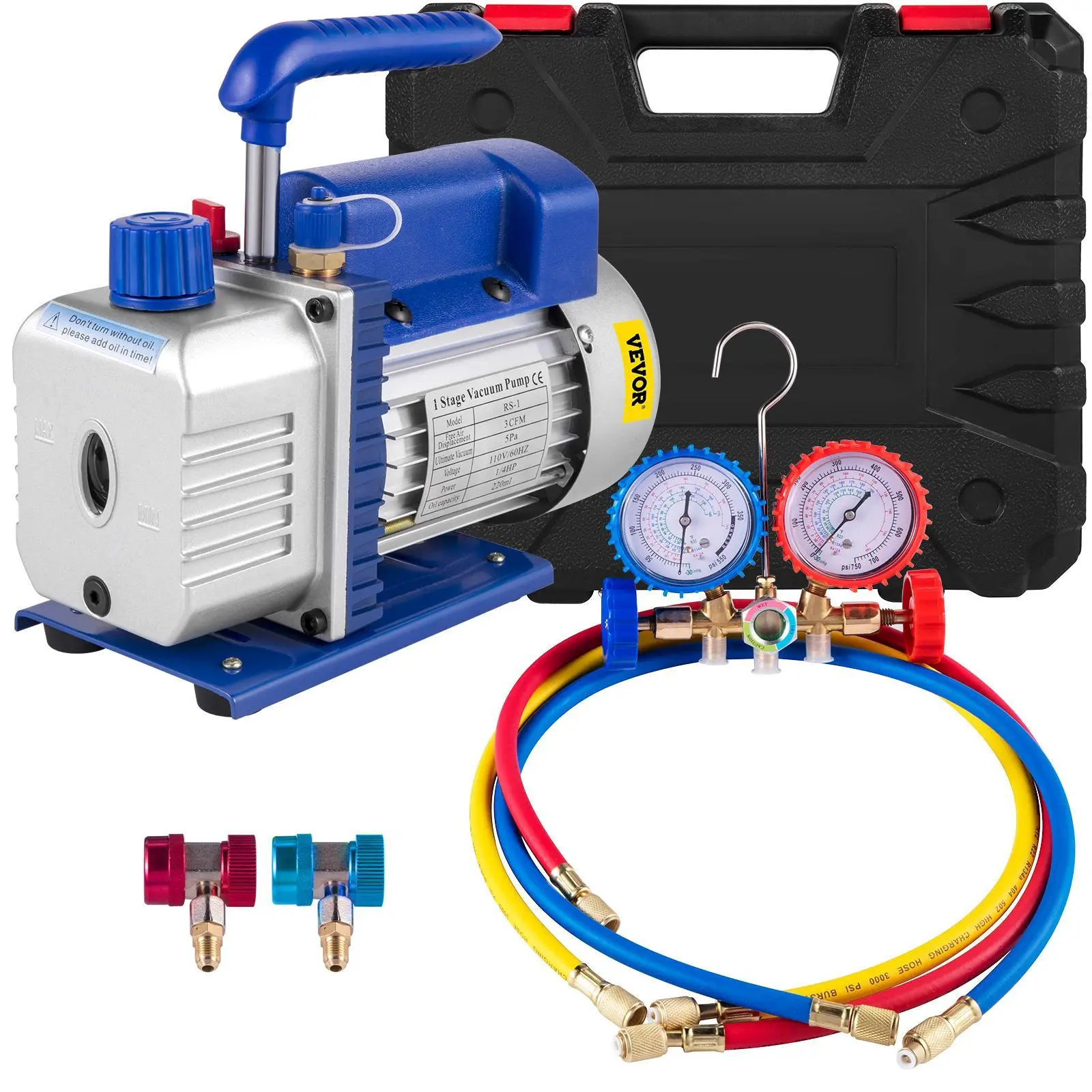 【Summerfinds】VEVOR 3CFM 1/4HP Single Stage Air Vacuum Pump with 5Pa Pressure, Aluminum Body, Brass Fittings, Hoses, HVAC Refrigeration Kit for Automotive Units (R134a, R12, R22, R410a), AC Manifold Gauge, R134 Can Tap, Carrying Tote, Thermal Safe, 3Cfm Po