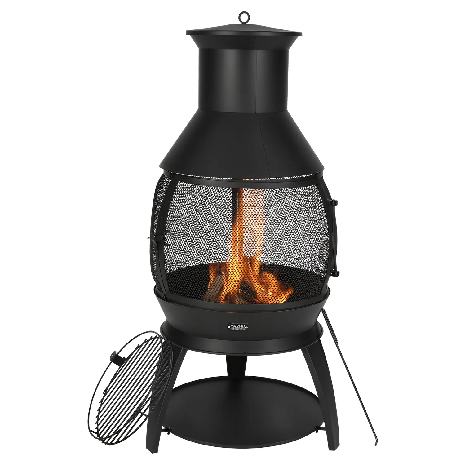 【Summerfinds】VEVOR 22-Inch Heavy Duty Metal Fire Pit SetIron Spherical Wood Burning Firepit Stove with Grill MeshChimney Coat & Rustproof Lid for BBQWarmingPatioGardenHeavy Duty Firepit, Metal Firepit Stove