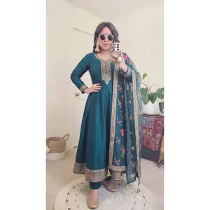 Anarkali Partywear Kurta 3 Piece Set Vichitra Silk, Affordable Indian Ethnic Wear