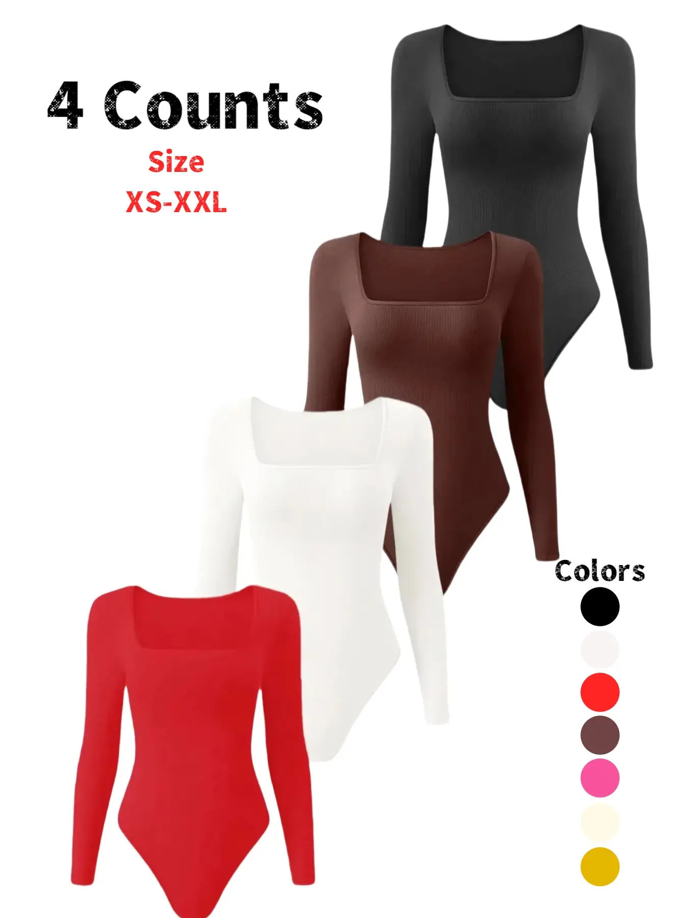 Women's Plain Basic Long Sleeve Compression Fit Shapewear Bodysuit Piece, Thong Design, Square Neck Slimming Belly Control, Ladies Underwear & Shapewear, Womenswear
