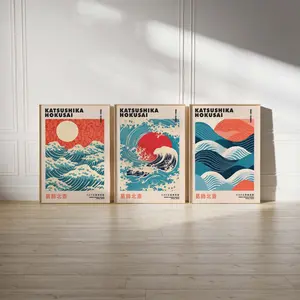 ORIGINAL Set of Three Japanese Posters Hokusai Great Wave Print Waves Print Woodblock Print Japanese Ukiyoe Art Wall Art Poster Print