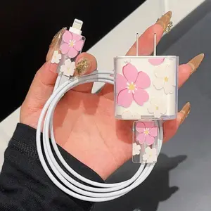 Silicone Charger Protector Case with Strap, iPhone Accessory Set, Transparent Coiled Cable Organizer, Fits Apple 13/14/15 Chargers