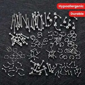 150 pcs Stainless Steel Body Piercing Jewelry Kit - Nose, Lip, Tongue, Belly Button, Cartilage, Industrial Barbell Rings - Hypoallergenic and Durable