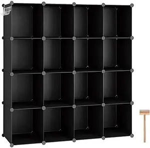 16-Cube Storage Organizer – DIY Plastic Modular Bookshelf, 48.4" L × 12.4" W × 48.4" H, Black