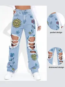 Women's High Waist Ripped Wide Leg Jeans, Sunflower Print Y2K Street Style Distressed Denim Jeans, Fashionable Casual Wear