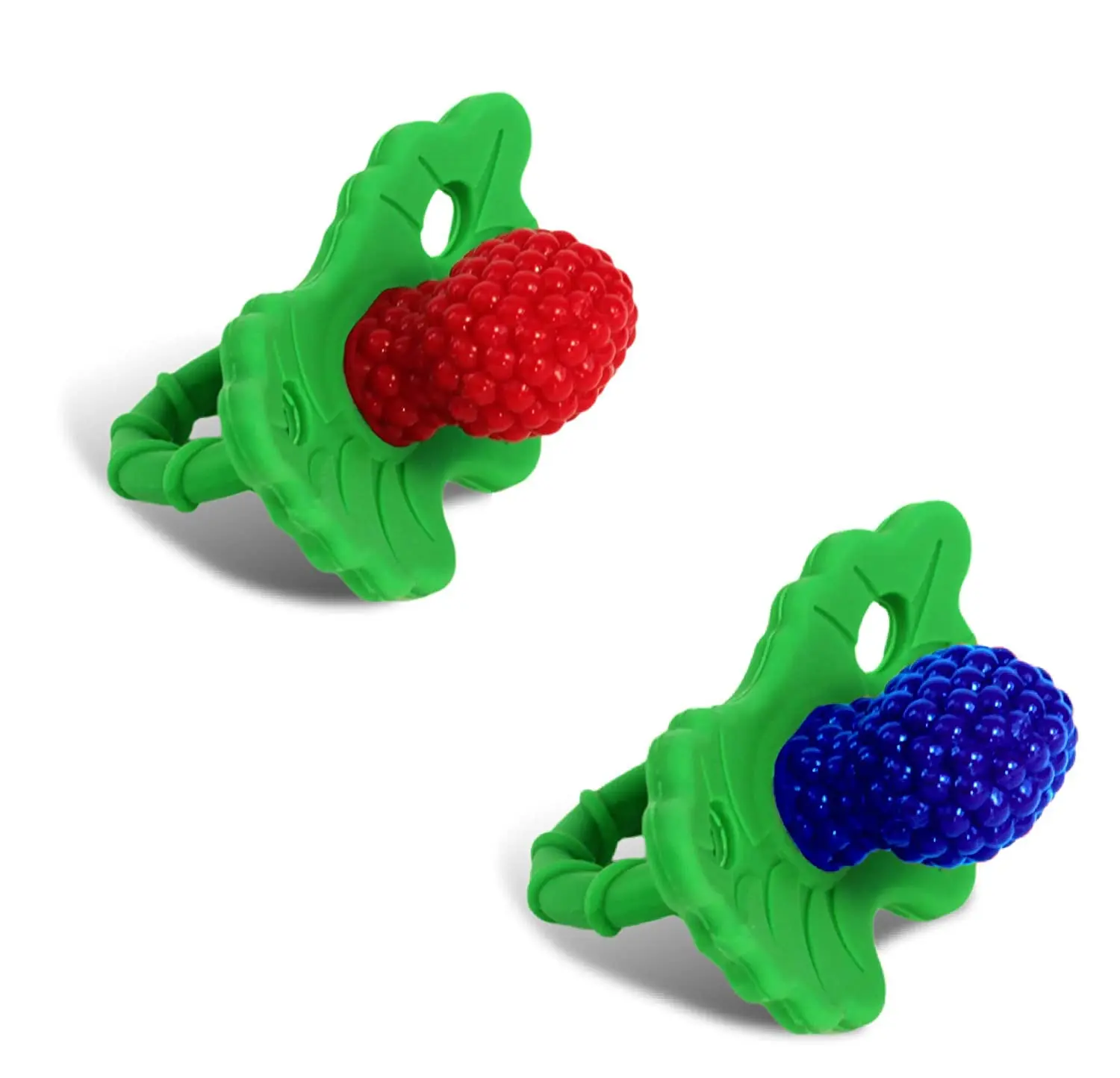 Silicone Teether Pacifier – Teething Relief for Infants, Food-Grade, BPA-Free, Hands-Free, Natural Berrybumps Fruit Texture for Sensory Development, Freezable, 2-Pack - Red & Blue