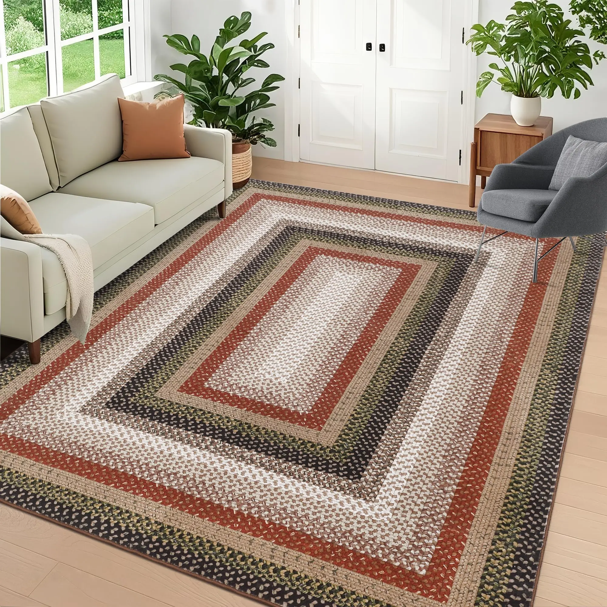 Garvee Washable Rug 8x10 Living Room Rug Braided Print Rugs with Non Slip Backing Non Shedding Low Pile Throw Mats Contemporary Bordered Floor Cover Carpet for Dining Room, Bedroom, Red/Black