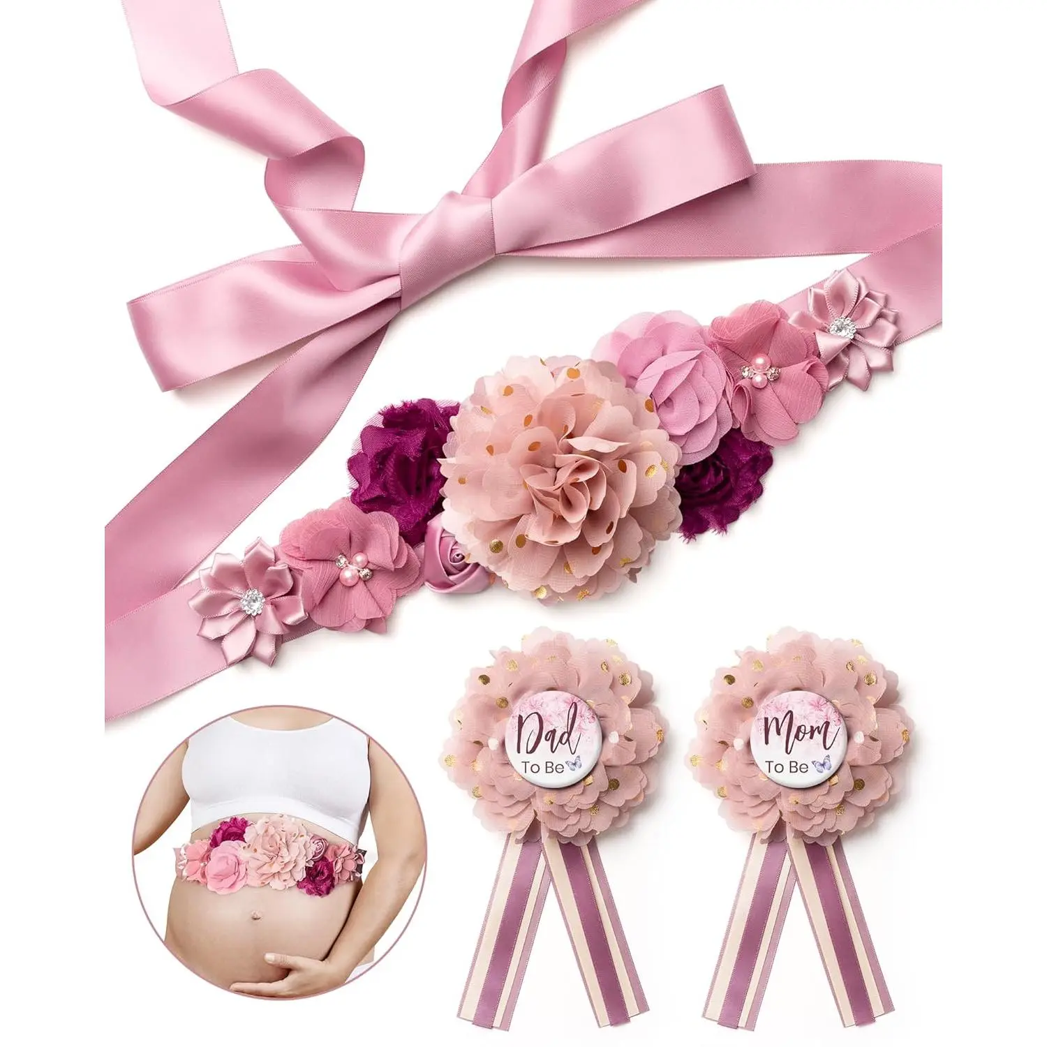 70in Chiffon Fabric Baby Shower Set of 3 - Maternity Sash, Corsage Pin, Dad-to-Be Pin, Flower Belt, Hand-Stitched, Adjustable Fit, Baby Gender Reveal Party Photo Prop Gift