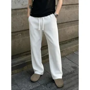 Men's White Ribbed Lounge Pants, High Waisted Drawstring Casual Trousers, Loose Fit Straight Leg Sweatpants, Breathable Soft Knit Pajama Bottoms for Men, Summer Lightweight Comfortable Pants Please order one size up if you need a looser fit.