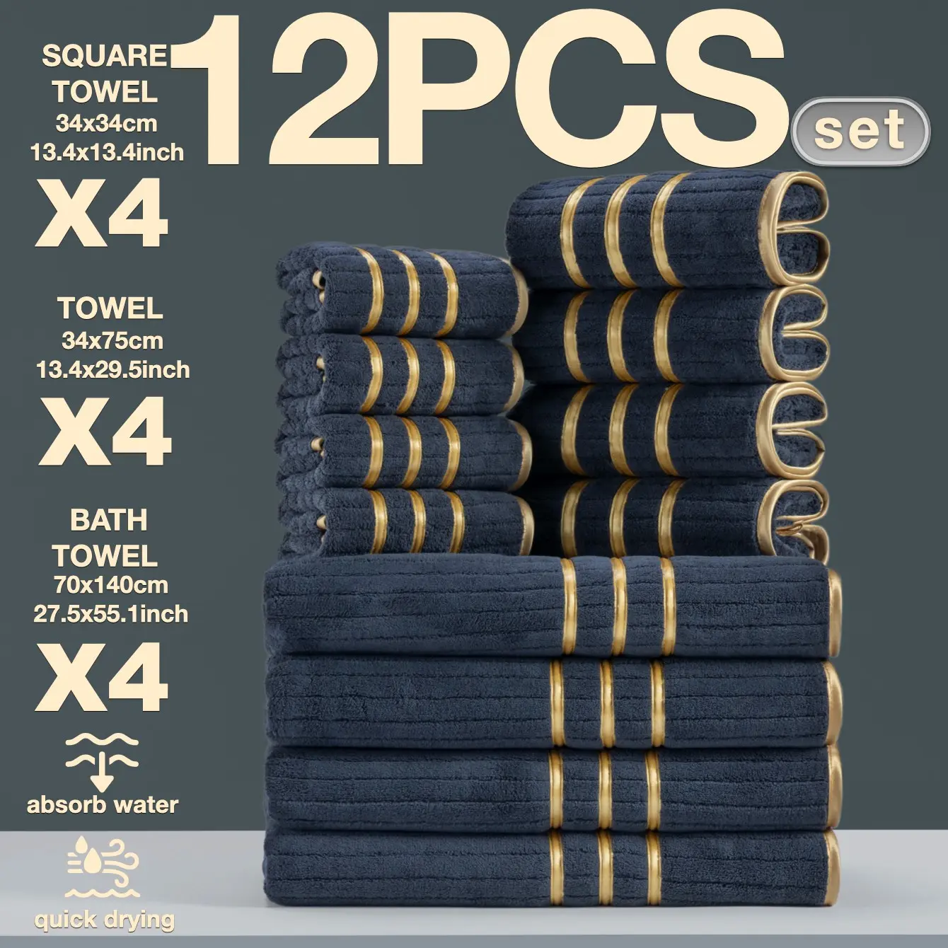 12-Piece Bath Towels Set, Bathroom Towel Set, Premium Towel Set, Modern Luxury Trim, Quick-Dry Super Absorbent Microfiber, Suitable for Home Camping Hotel School Factory