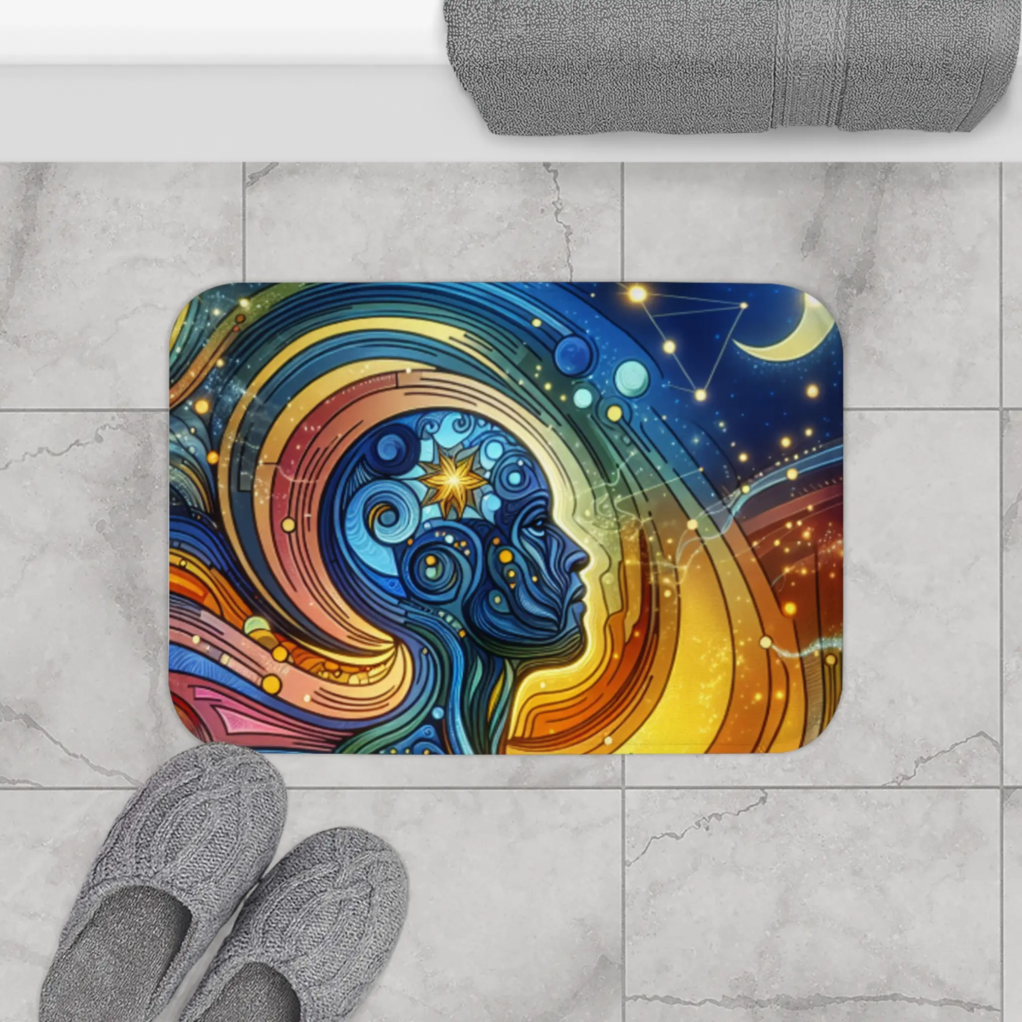 Celestial Dreamer Bath Mat Rug, Boho Bathroom Decor, Moon and Stars Floor Mat, Galaxy Nebula Night Sky, Non-Slip Washable Tub Mat, Celestial Microfiber 24" × 17"