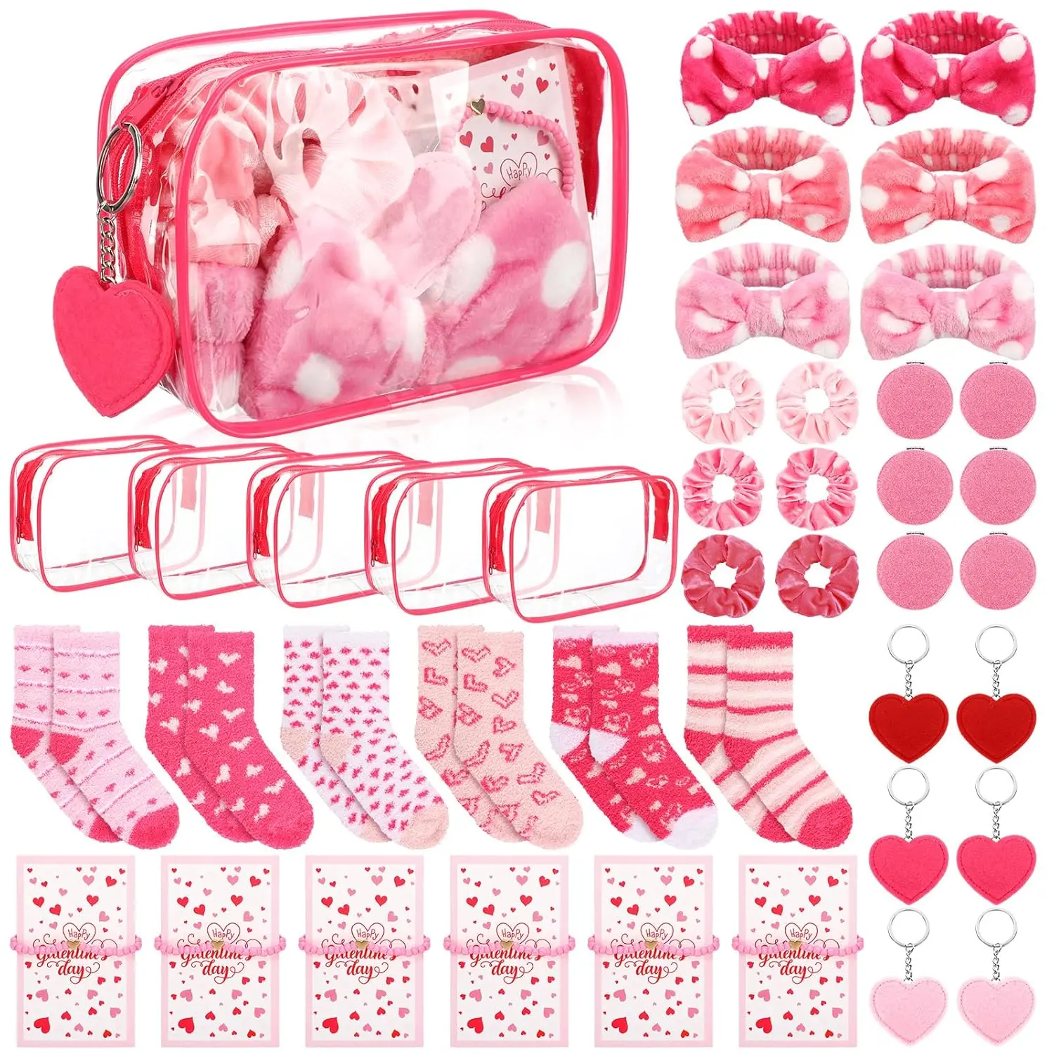 48PCS Galentine’s Day Gift Set for Women | Valentine’s Day Pink Gifts Bulk | Fluffy Socks, Makeup Bags, Scrunchies, Keychains, Bracelets Party Favors