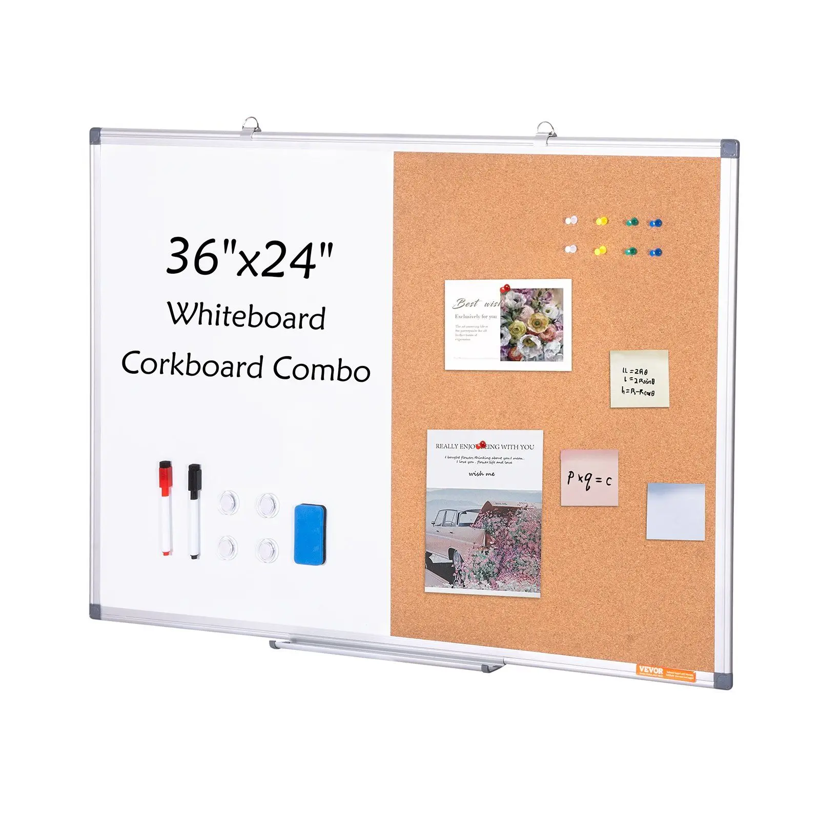 VEVOR 36"x24" Whiteboard-Cork Combo Board, Aluminum Frame, Rounded Edges, Multi-Layer Cork, Secure Wall Mount for Schools, Kitchens (Tools & Hardware Hand Tool Accessory)