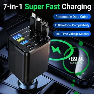 7-in-1 Car Charger — Retractable 3-in-1 Cable (Lightning + Built-in Type-C), PD 66W Fast Charging, and USB Port; Features Smart Chip Protection and Digital Voltage Monitoring; Widely Compatible with iPhone, Samsung, and Huawei Devices.