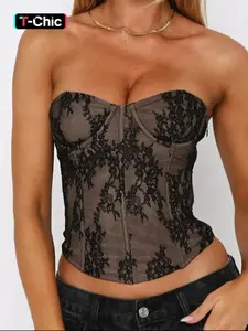 Women's Lace Splicing Sleeveless Strapless Corset Tube Top Sexy Floral Plain Backless Cropped Tank Tops Streetwear Summer