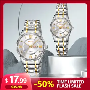 SKMEI 41mm Unisex Modern Waterproof Analog Round Face Quartz Watches, Couple Timepieces with Calendar-Week Function, Diamond-Cut Mirror, Night Fluorescence, 3ATM 30-50m Waterproof, Stainless Steel Strap, Butterfly Buckle, New Year Gift for Unisex Wear