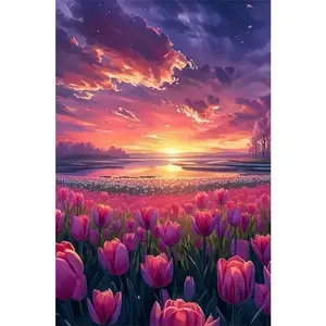 1PCS Diamond Painting Kit Sunset Over Tulip Field DIY Rhinestone Art for Home Wall Decor with Sparkling