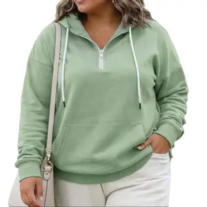 Women's Plus Size Light Fabric Hoodie - Quarter-Zip, Adjustable Drawstring, Kangaroo Pockets, Casual Long Sleeve Top summerwins,summerwins