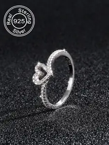 S925 Sterling Silver Summer Heart Shaped Elegant Everyday Ring for Women, Heart Design Rhinestone Decorated Jewelry Ring for Gf, Fashion Accessories for Daily & Back To School, Gifts for Wife, Pave Engagement Ring, Heart Cluster Ring