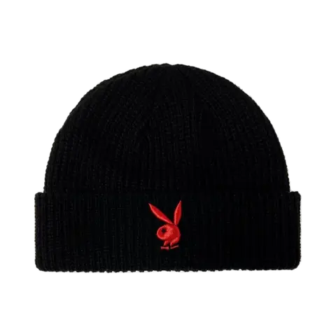 PLAYBOY Rabbit Head Wide Knit Beanie - Black, Warm, Soft Fabric, Classic Design, Rabbit Logo Accent, Wide Knit Warmth
