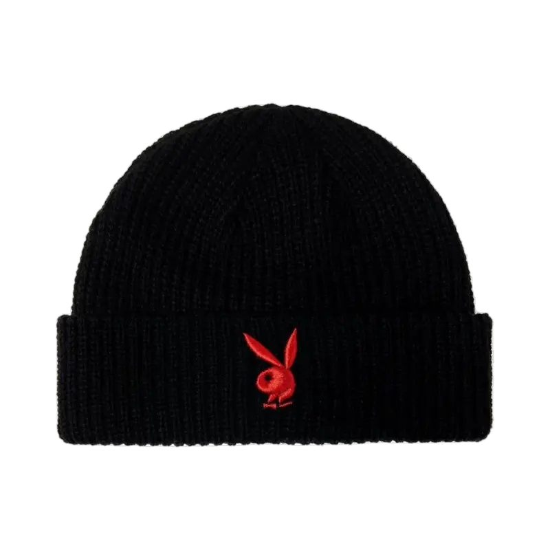 PLAYBOY Rabbit Head Wide Knit Beanie - Black, Warm, Soft Fabric, Classic Design, Rabbit Logo Accent, Wide Knit Warmth