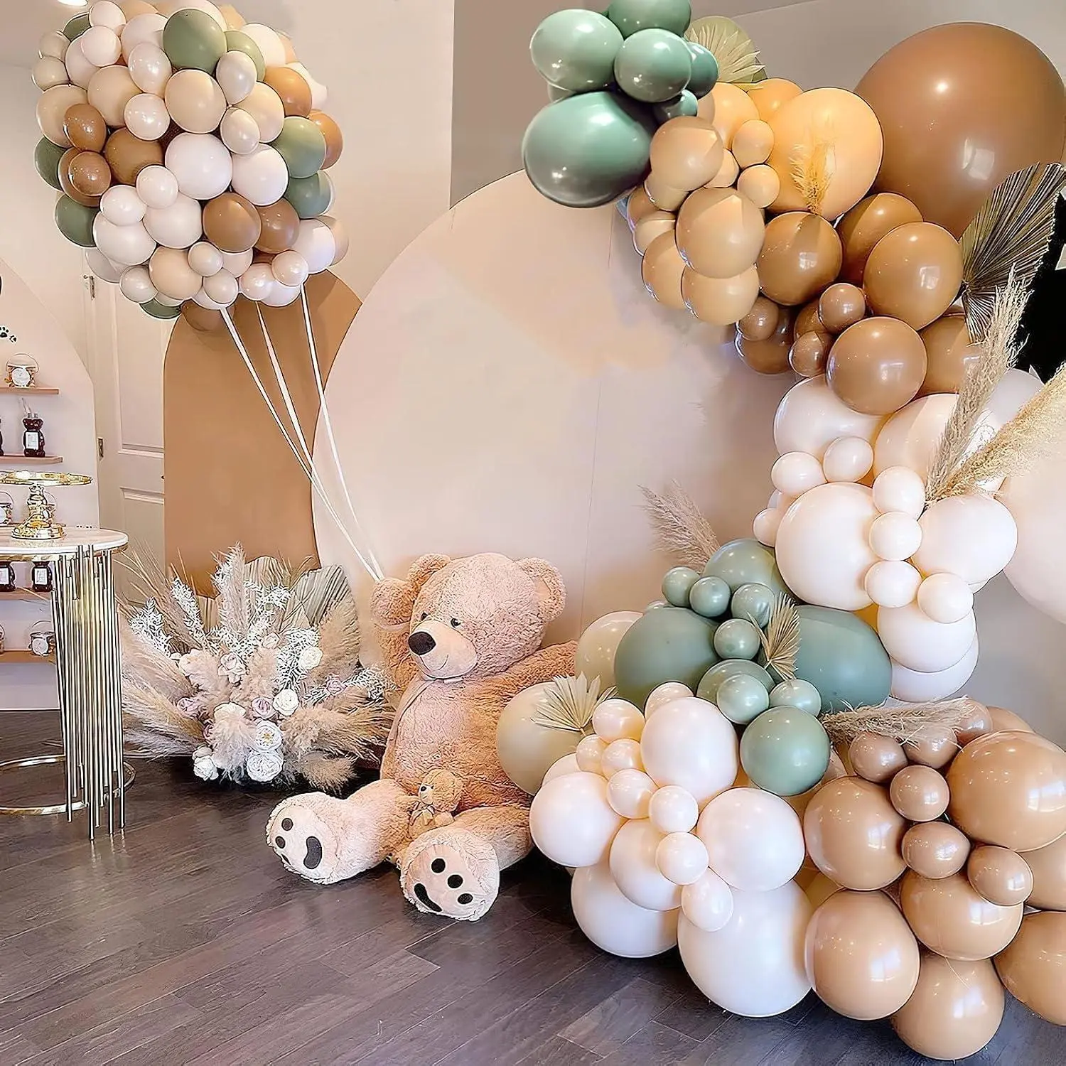 Brown And Green Balloons Garland Kit, 114Pcs Pastel Brown And Nude Balloon, Green Sage Balloons Blush Nude Balloons For Teddy Bear Baby Shower Jungle Safari Them Party Decorations Supplies