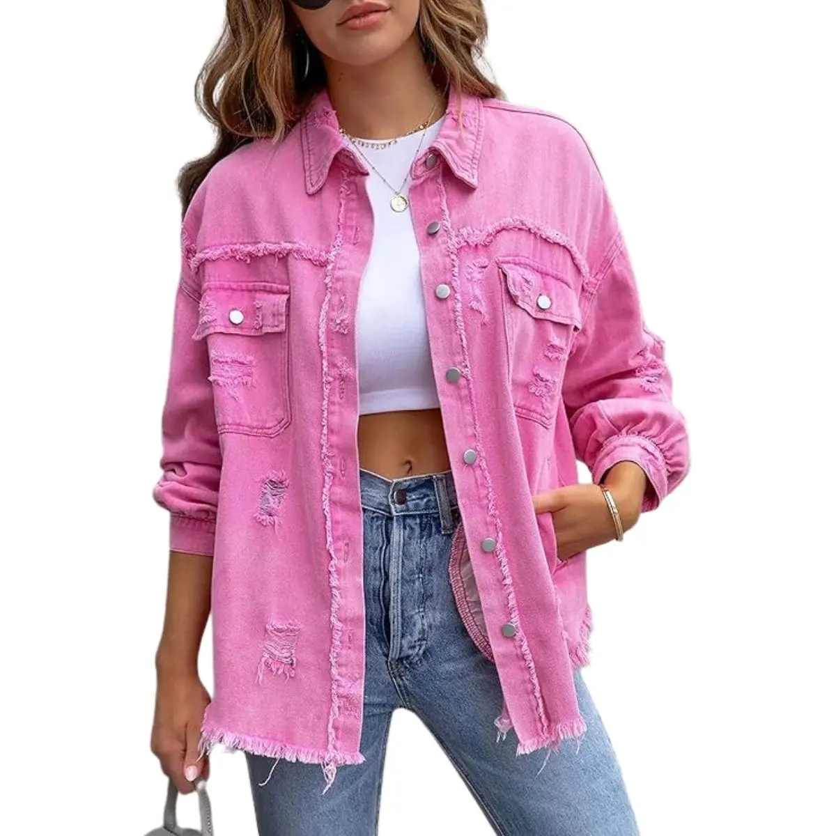 SCUSTY Ripped Fringe Jean Jacket with Pocket Women Distressed Washed Button Down Frayed Denim Shacket