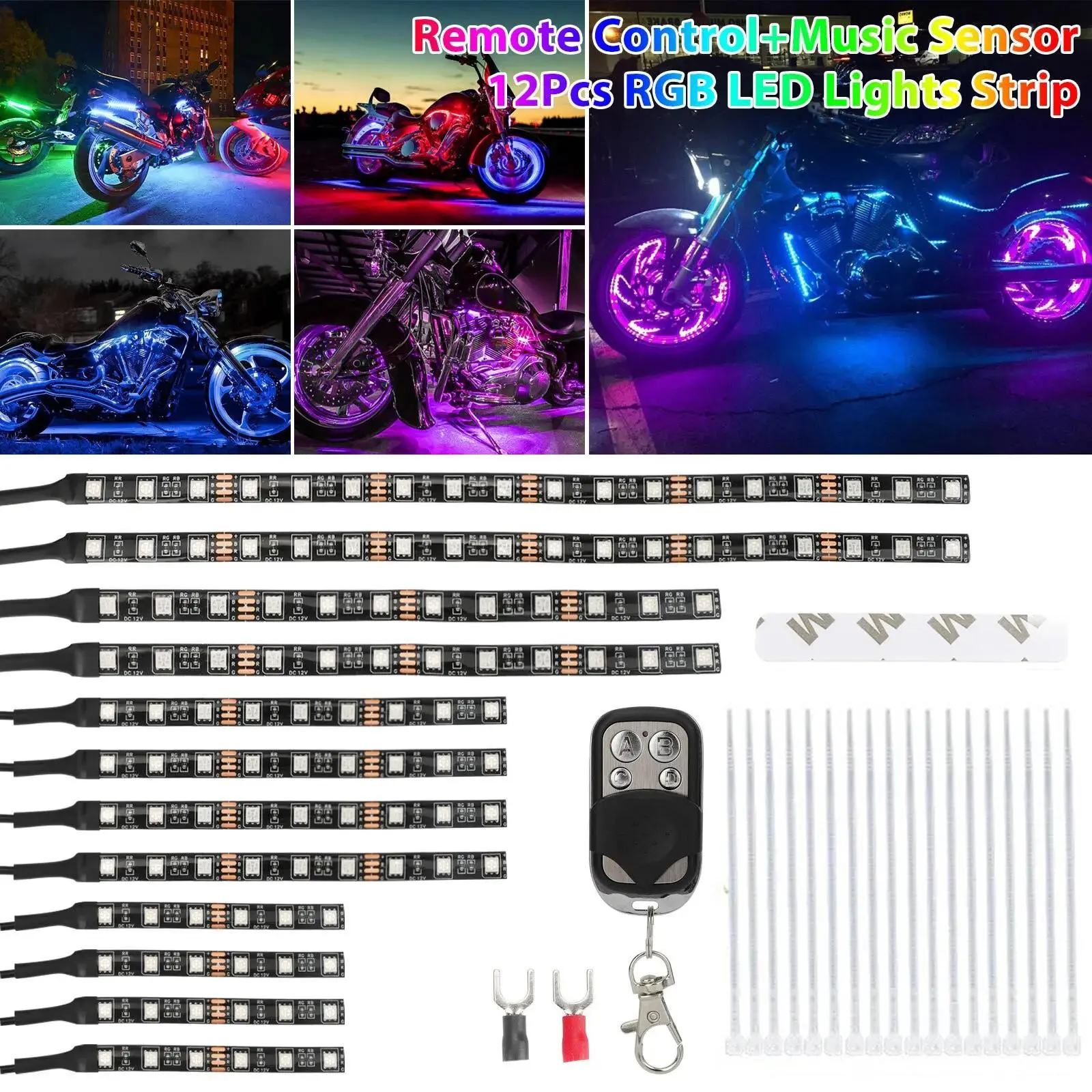 12Pcs Motorcycle RGB LED Under Glow Strip Kit for Honda Suzuki Yamaha Kawasaki