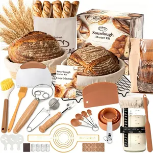 Sourdough Starter Kit with Round & Oval Banneton Bread Proofing Basket, Bread Sling, Starter Jar, Dough Whisk, Scrapers, Stencils, Cooling Rack & Bag Complete Sourdough Bread Baking Supplies, Utensils