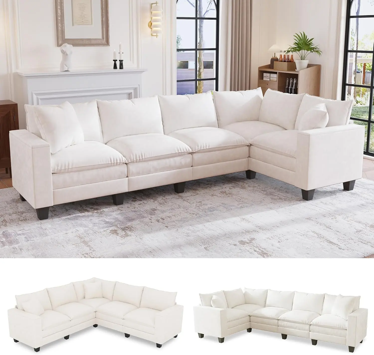 97" L Shaped Sectional Couch, Comfy Chenille Cloud Couch, 5 Seat Modular Cloud Sofa with 2 Pillows & Storage Armrests, Convertible V Shaped Corner Couch, Sectional Couches for Living Room, Beige