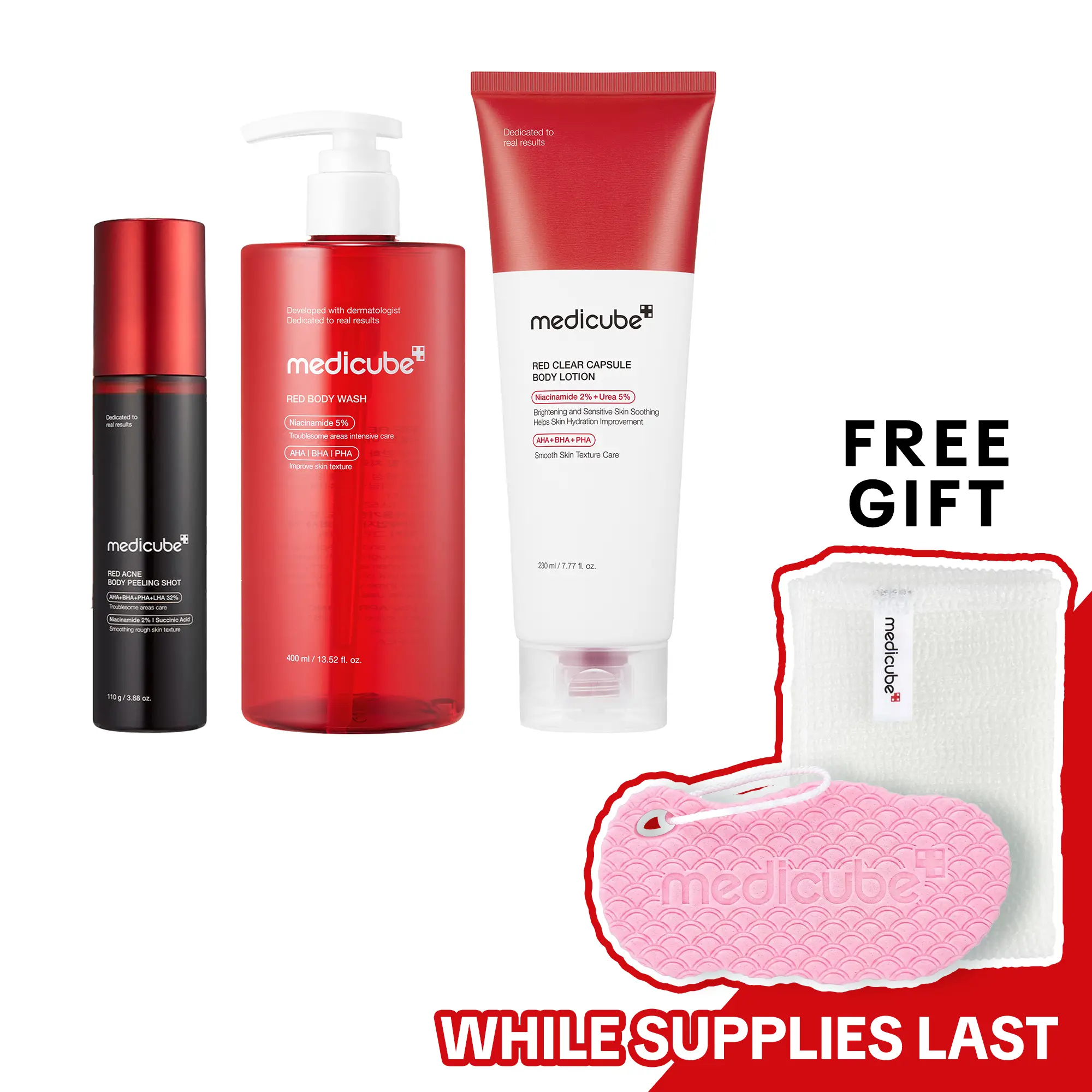 [medicube] Bye-Bye Bumps Red Body Set | Total Body Care | Cleanser & Wash & Lotion | For Stressed Back, Strawberry Legs, Body Bumps, Chicken Skin, Dead Skin Cells & Uneven Skin Tone | Smoothing, Low-Irritation, Daily Shower Routine | Korean Skincare