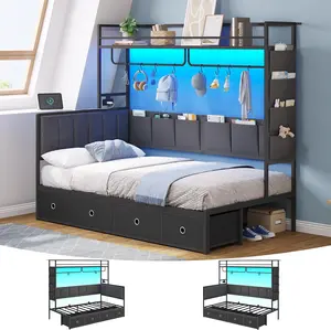 The Twin Corner Bed Frame with 4 Drawers, Bookcase Shelf, 10 Storage Pockets, Coat Rack, Twin Size Metal Platform Bed with Charging Station, LED Lights, L-Shaped Corner Twin Bed for Teens