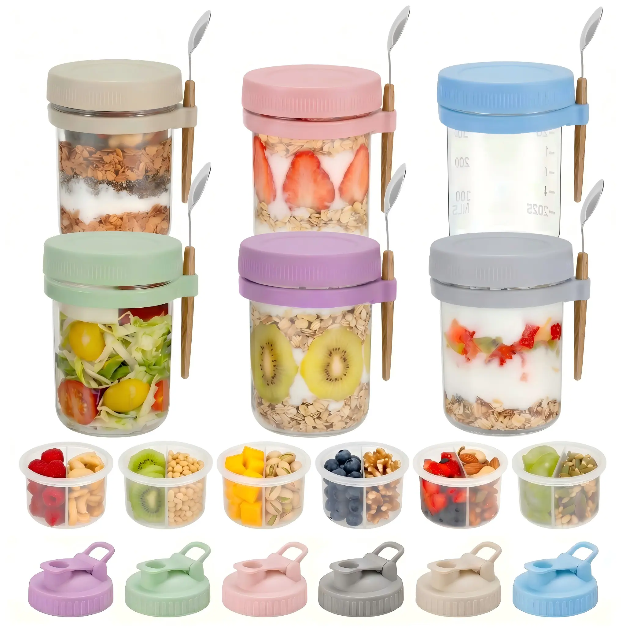 16 oz Wide Mouth BPA-Free Glass Kitchen Food Storage Canister Jars with Airtight Leak-Proof Seal for Clean Commutes, Lids, Spoons, Removable Silicone Compartments, Stackable Dishwasher-Safe Utensil Holders for Meal Prep
