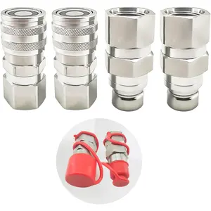 3/4" SAE Thread Flat Face Hydraulic Quick Connect Coupler Set for Skid Steer, 4PCS Heavy-Duty Carbon Steel Coupling Fittings with 1/2" Body and Dust Cap