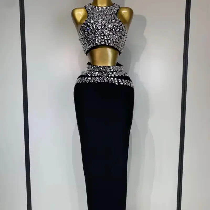 XL Luxury Rhinestone Evening Set - 2 Piece Crop Top & Skirt Club Outfit