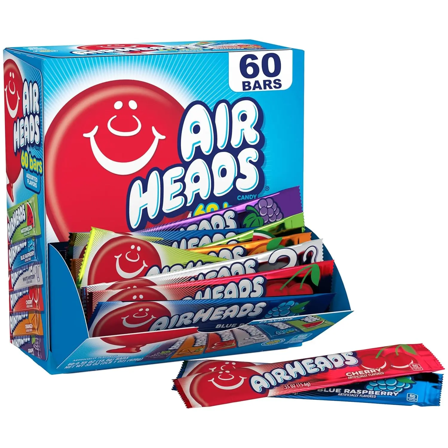 Airheads  Bar, Variety Bulk Box, Chewy Full Size Fruit Taffy, Gift, Holiday, Parties, Concessions, Pantry, Non Melting, 60 Individually Wrapped Full Size Bars Snacky  Bonbon