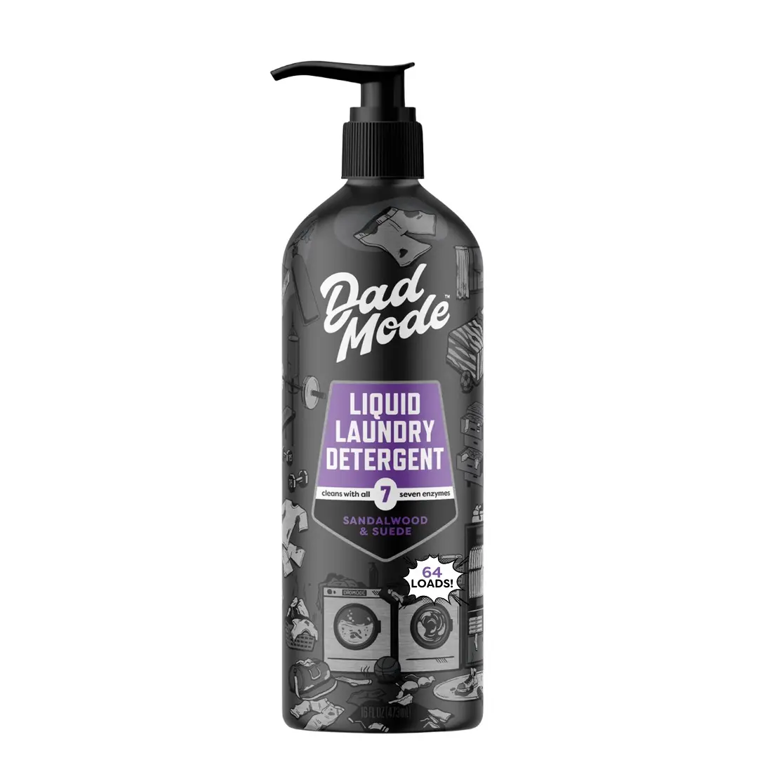 DadMode Liquid Laundry Detergent | 64 Loads | Ultra-Concentrated 7-Enzyme Odor & Stain Remover | High-Efficiency, Plant-Based | Scented Sandalwood & Suede | Non-Toxic & Dye-Free | 16oz Bottle, Effortless Clean, Less Work
