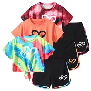 Girls' 6-Piece Summer Set Alphabet-Printed Vacation T-Shirt and Dolphin-Printed Shorts—a sports set perfect for children's sports leisure and dance activities