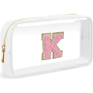 Initial Clear Makeup Bag Small Cosmetic Bag Travel Toiletry Bag Clear Zipper Pouch Purse Organizer Bags for Women (White-M, K)