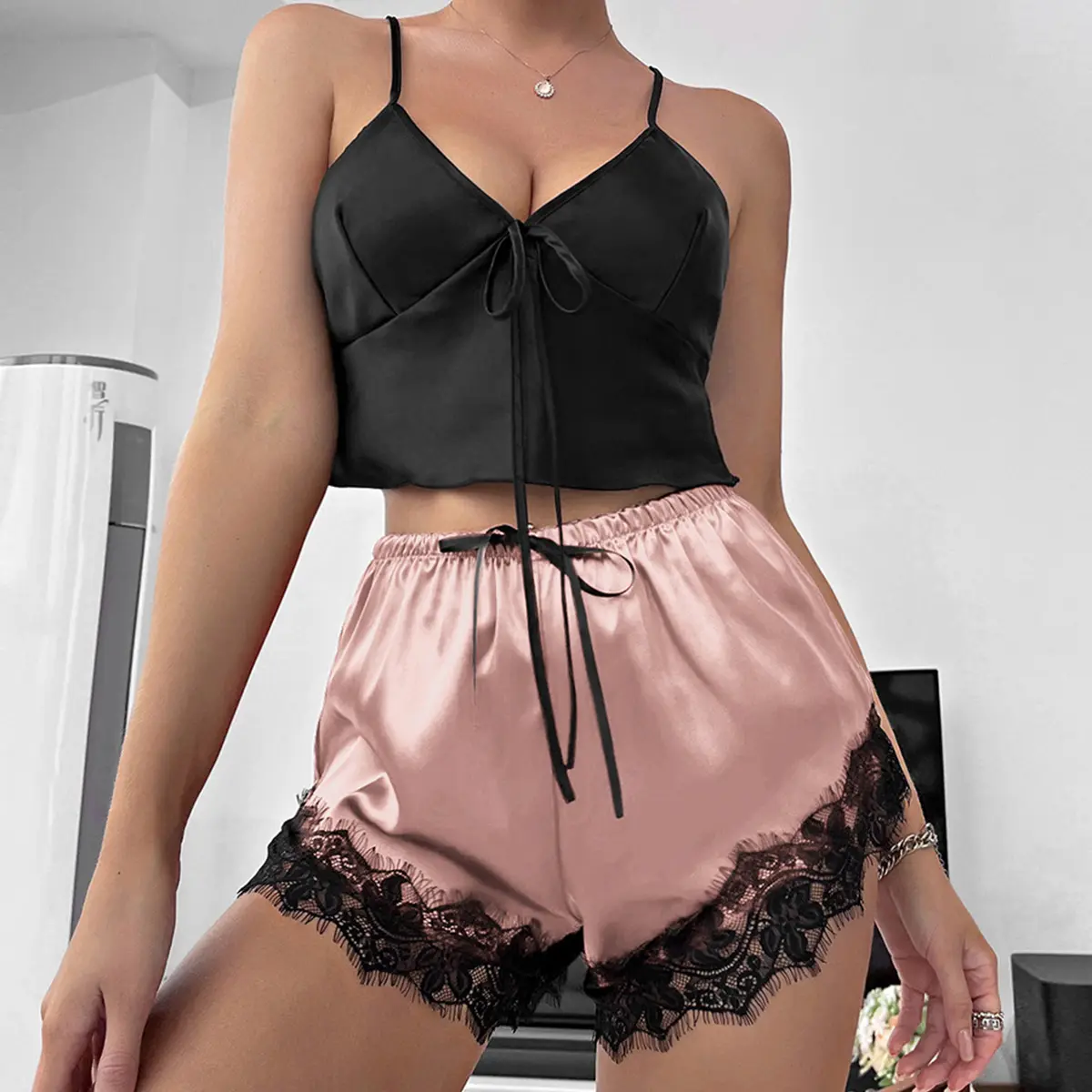 Women's 2-Piece Comfortable Color-Block Sleepwear Set - Halter Deep V-Neck Tie-Closure Top, Lace Shorts, Multiple Colors, Necklace Style, Thin Sleeveless Design