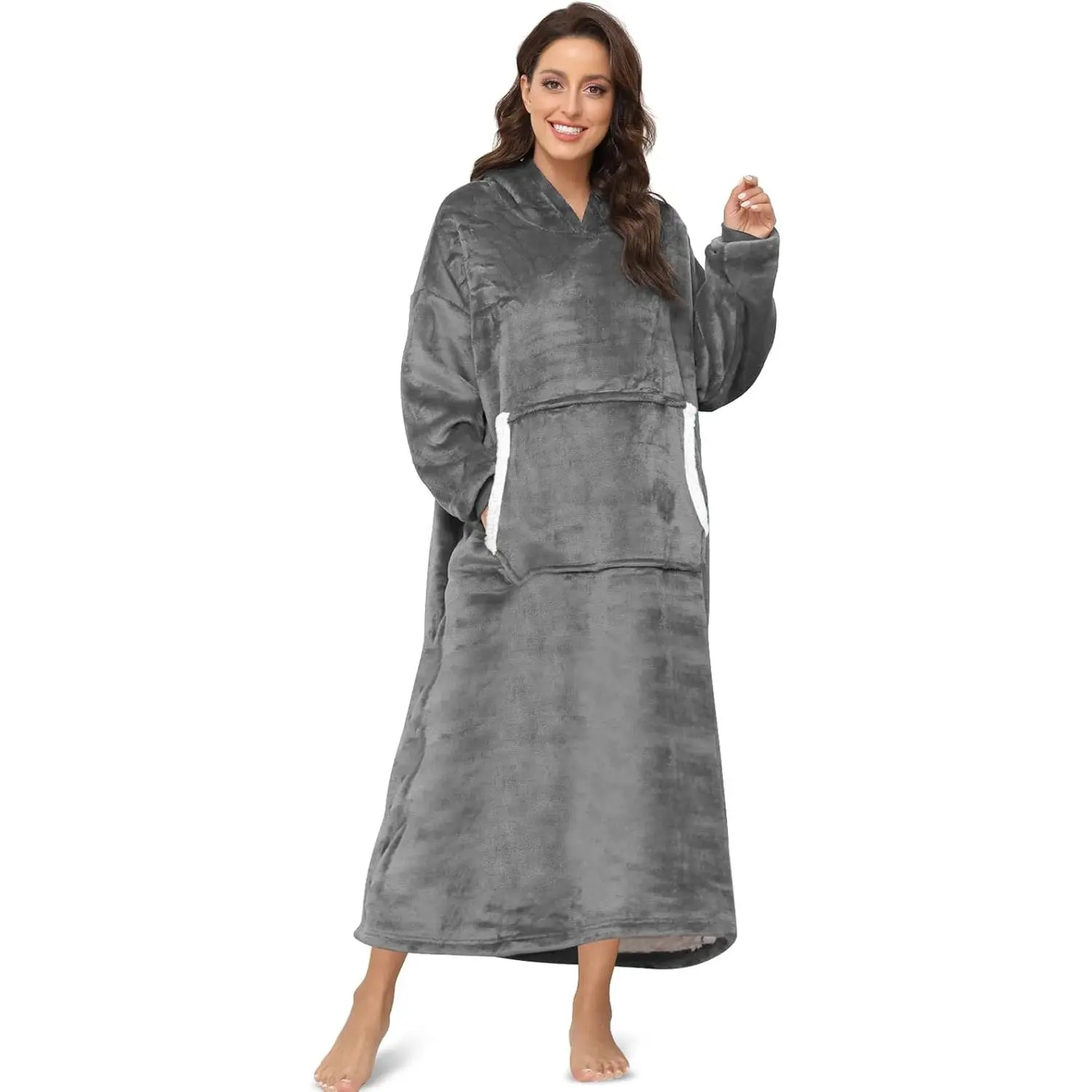 1-Piece Wearable Sherpa Blanket Hoodie for Adults, Cosy Design with Giant Pocket, 1Size Fit, Home-Outdoor/Indoor Use, Ideal for Television Lounging (Grey)