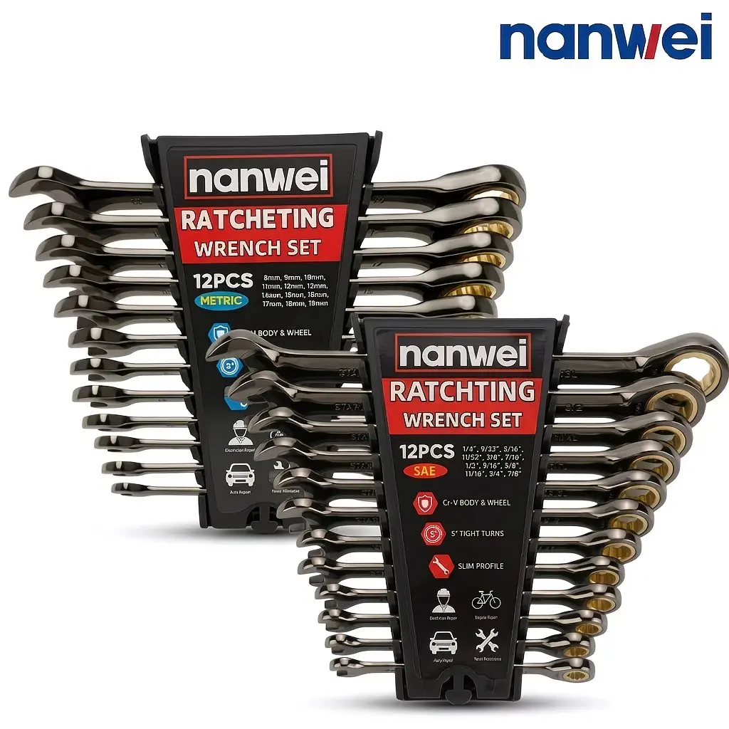 Nanwei 12PCS 72-Teeth Ratcheting Metric and SAE Wrench Set, Work Tools for Mechanics, Mechanic Ratchet Wrench Sets, Father's Day Gift