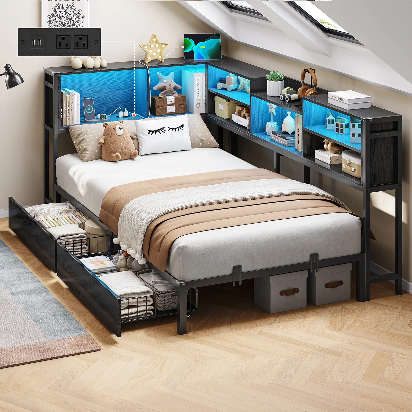 Hasuit Corner Bed Frame with Storage Bookcase, Twin Size Daybed with 2 Underneath Storage Drawers, Kids Bed Unit with Charging Station and LED Light, Modern Teenagers Bedframe